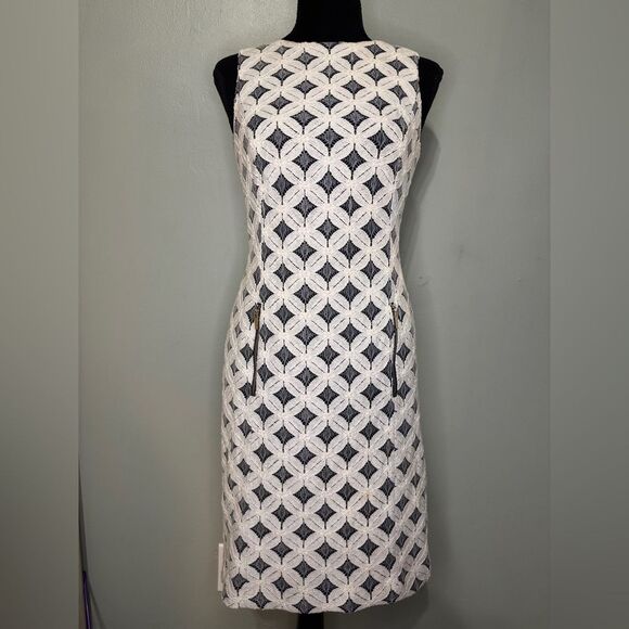 Anne Klein Navy Sheath MIDI Dress Cream Lace Overlay‎ Zip Front Pockets Size 4 - Picture 1 of 11